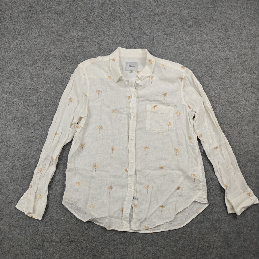Rails Blouse Womens Medium White Linen Rayon Long Sleeve Charli Golden Palms